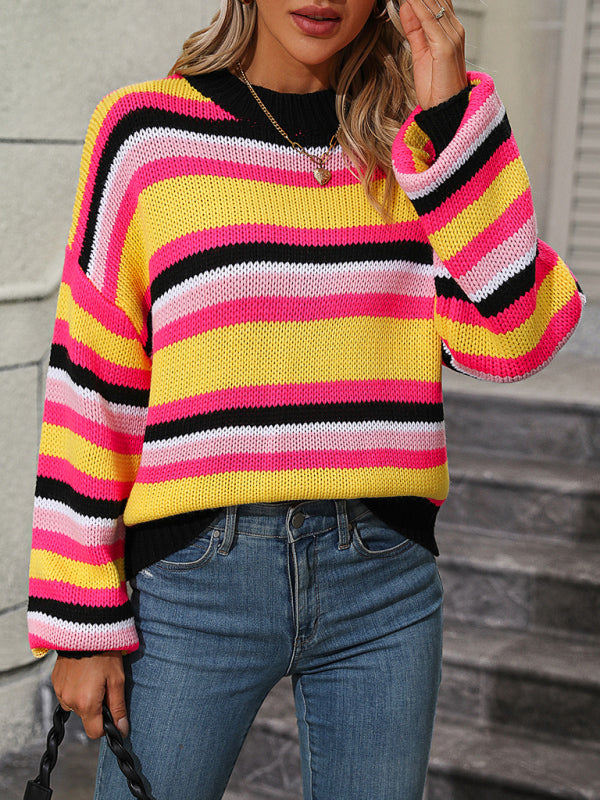 Paneled Knit Loose Intercolor Crewneck Striped Sweater-[Adult]-[Female]-2022 Online Blue Zone Planet