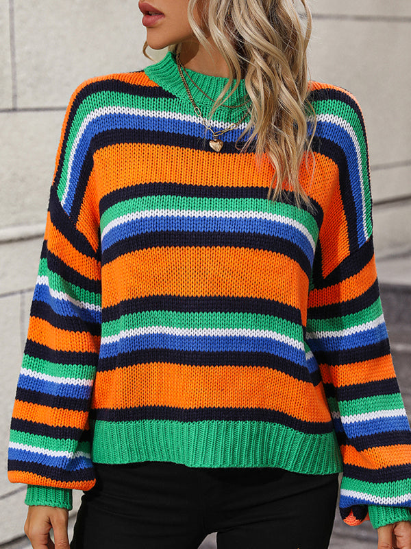 Paneled Knit Loose Intercolor Crewneck Striped Sweater-[Adult]-[Female]-Green-S-2022 Online Blue Zone Planet