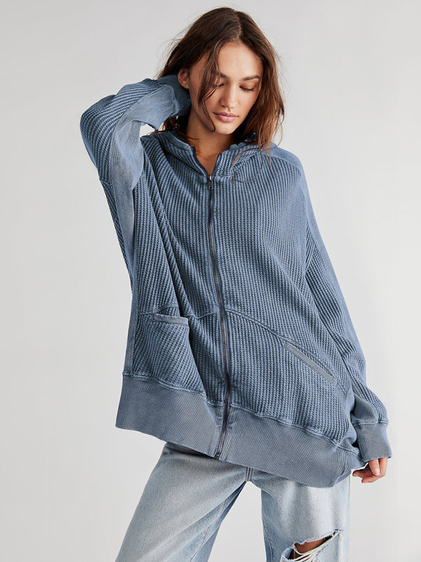 Blue Zone Planet |  Sweatshirt Zipper Button Long Sleeve Loose Pullover Hoodie BLUE ZONE PLANET