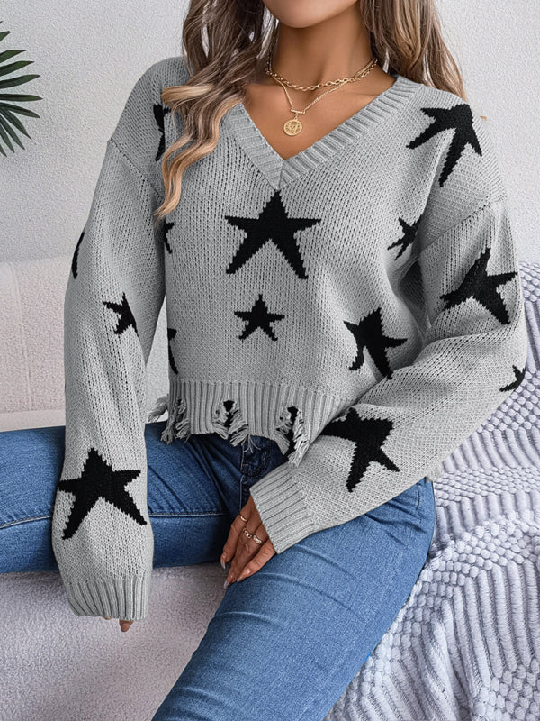 Blue Zone Planet | V-neck star cut long-sleeved knitted pullover sweater-TOPS / DRESSES-[Adult]-[Female]-Grey-S-2022 Online Blue Zone Planet