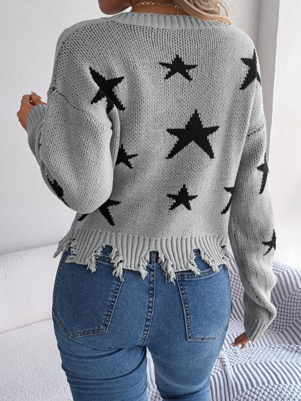 Blue Zone Planet | V-neck star cut long-sleeved knitted pullover sweater-TOPS / DRESSES-[Adult]-[Female]-2022 Online Blue Zone Planet