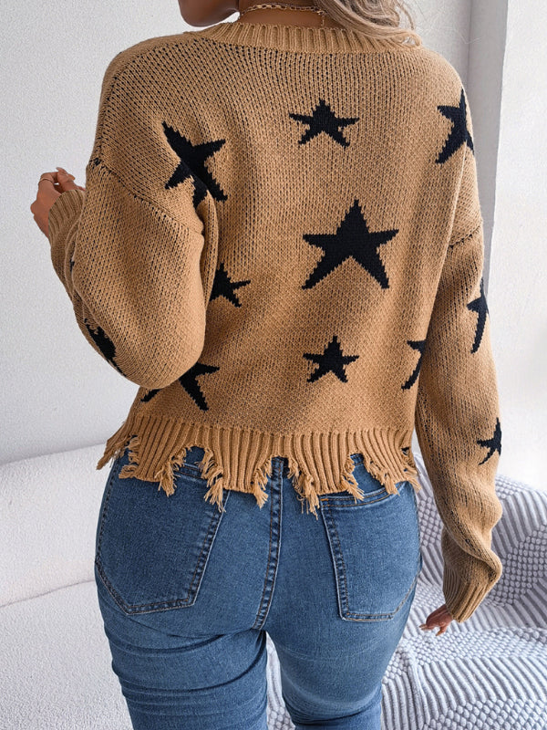 Blue Zone Planet | V-neck star cut long-sleeved knitted pullover sweater-TOPS / DRESSES-[Adult]-[Female]-2022 Online Blue Zone Planet