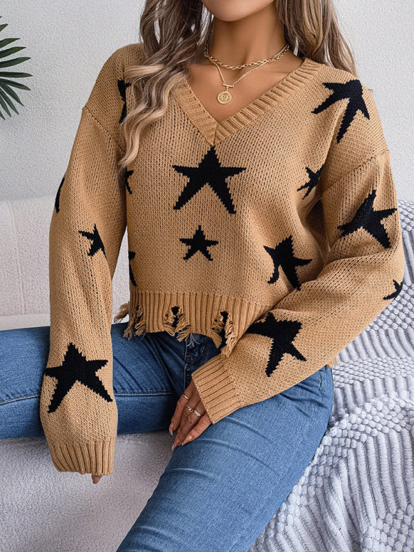 Blue Zone Planet | V-neck star cut long-sleeved knitted pullover sweater-TOPS / DRESSES-[Adult]-[Female]-2022 Online Blue Zone Planet