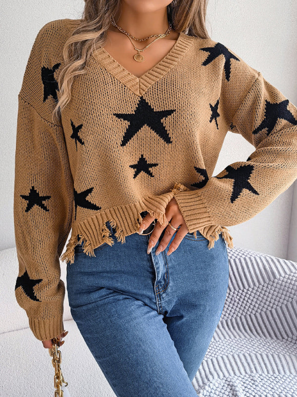 Blue Zone Planet | V-neck star cut long-sleeved knitted pullover sweater-TOPS / DRESSES-[Adult]-[Female]-2022 Online Blue Zone Planet