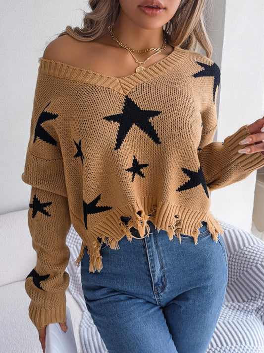 Blue Zone Planet | V-neck star cut long-sleeved knitted pullover sweater-TOPS / DRESSES-[Adult]-[Female]-Khaki-S-2022 Online Blue Zone Planet