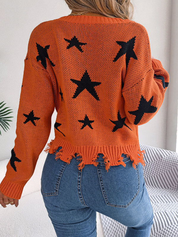 Blue Zone Planet | V-neck star cut long-sleeved knitted pullover sweater-TOPS / DRESSES-[Adult]-[Female]-2022 Online Blue Zone Planet