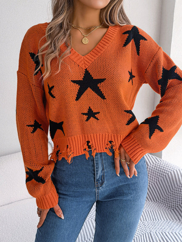 Blue Zone Planet | V-neck star cut long-sleeved knitted pullover sweater-TOPS / DRESSES-[Adult]-[Female]-2022 Online Blue Zone Planet