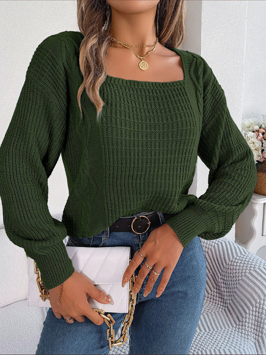 Blue Zone Planet | Solid Color Square Neck Twist Lantern Sleeves Knitted Pullover Sweater-TOPS / DRESSES-[Adult]-[Female]-Olive green-S-2022 Online Blue Zone Planet