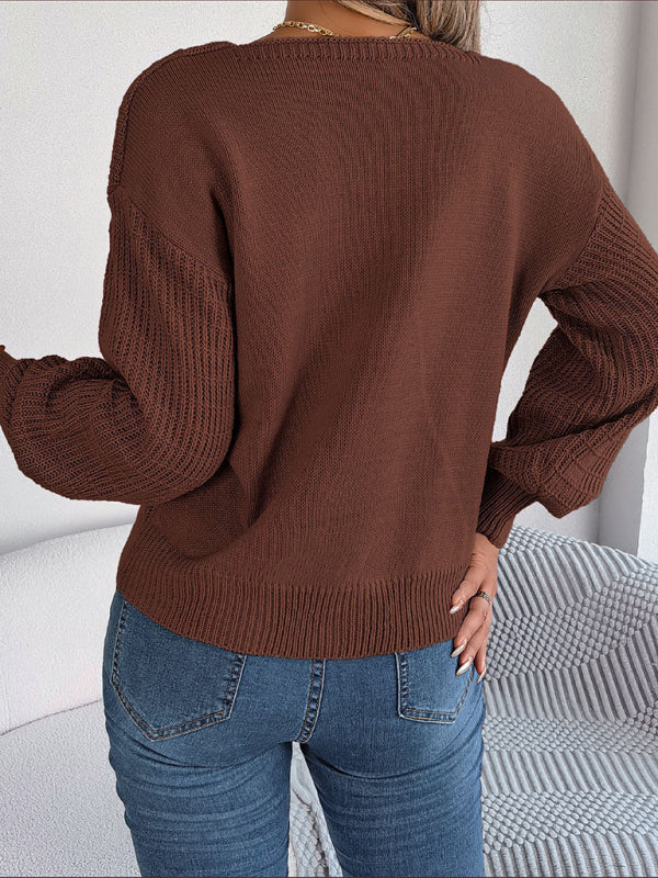 Blue Zone Planet | Solid Color Square Neck Twist Lantern Sleeves Knitted Pullover Sweater-TOPS / DRESSES-[Adult]-[Female]-2022 Online Blue Zone Planet