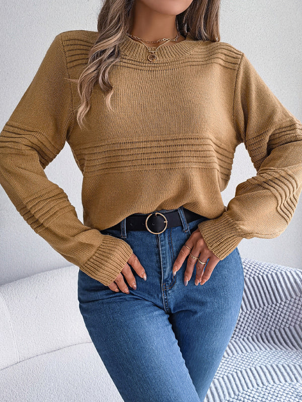 Ladies Solid Color Long Sleeve Knitted Pullover Sweater BLUE ZONE PLANET