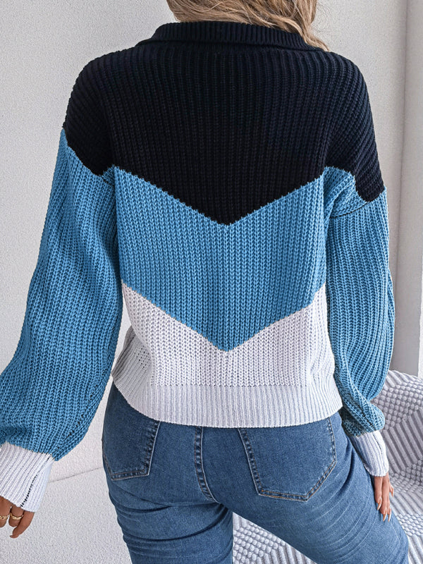 Blue Zone Planet | New Ladies Lapel Collar Contrast Color Long Sleeve Knitted Pullover Sweater-TOPS / DRESSES-[Adult]-[Female]-2022 Online Blue Zone Planet