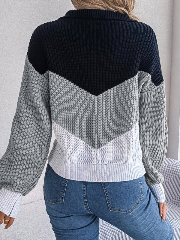 Blue Zone Planet | New Ladies Lapel Collar Contrast Color Long Sleeve Knitted Pullover Sweater-TOPS / DRESSES-[Adult]-[Female]-2022 Online Blue Zone Planet