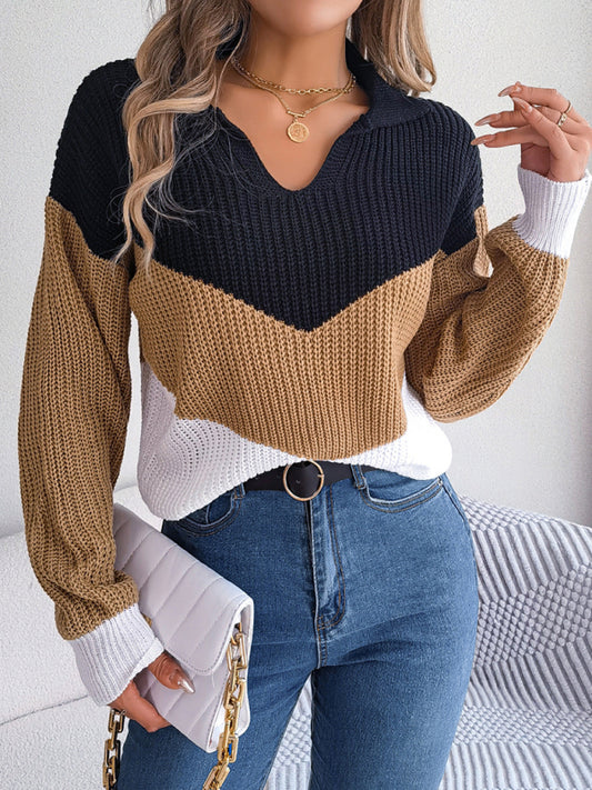 Blue Zone Planet | New Ladies Lapel Collar Contrast Color Long Sleeve Knitted Pullover Sweater-TOPS / DRESSES-[Adult]-[Female]-Khaki-S-2022 Online Blue Zone Planet