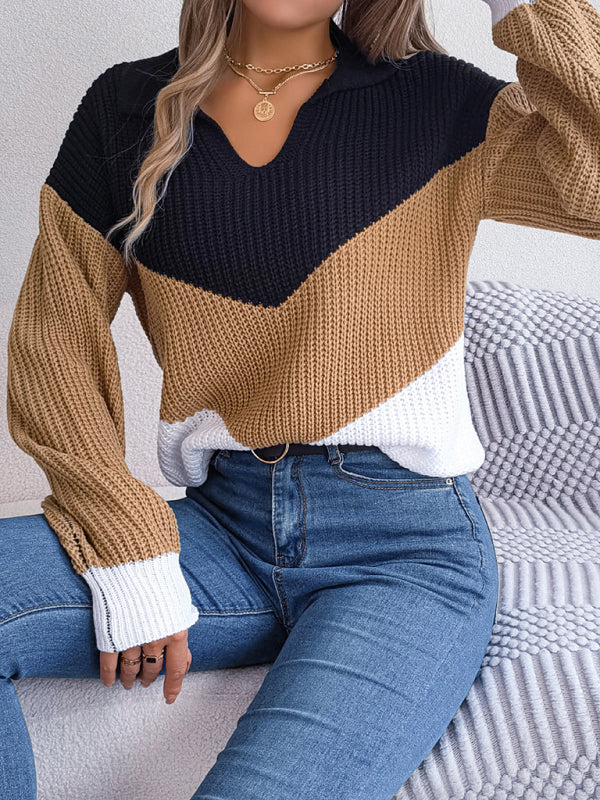 Blue Zone Planet | New Ladies Lapel Collar Contrast Color Long Sleeve Knitted Pullover Sweater-TOPS / DRESSES-[Adult]-[Female]-2022 Online Blue Zone Planet