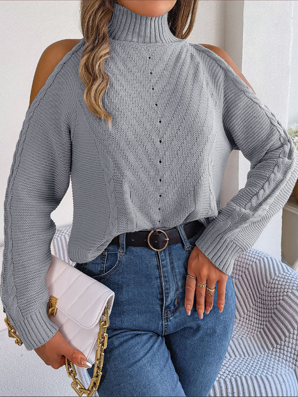 Blue Zone Planet | off-the-shoulder turtleneck hollow-out long-sleeved knitted pullover sweater-TOPS / DRESSES-[Adult]-[Female]-Grey-S-2022 Online Blue Zone Planet