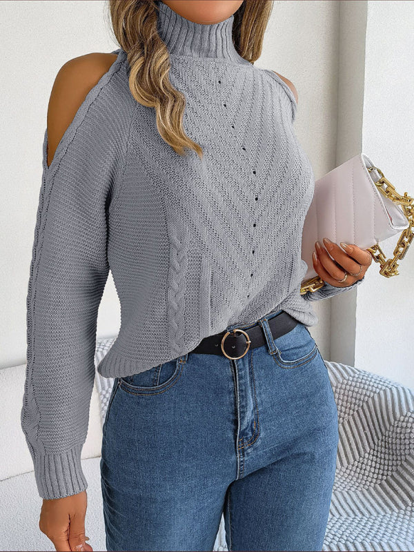 Blue Zone Planet | off-the-shoulder turtleneck hollow-out long-sleeved knitted pullover sweater-TOPS / DRESSES-[Adult]-[Female]-2022 Online Blue Zone Planet