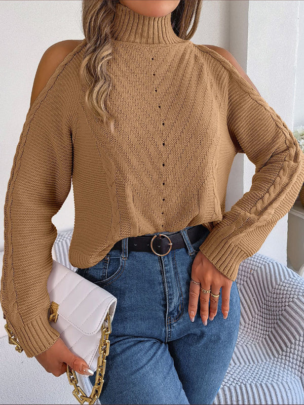 Blue Zone Planet | off-the-shoulder turtleneck hollow-out long-sleeved knitted pullover sweater-TOPS / DRESSES-[Adult]-[Female]-2022 Online Blue Zone Planet