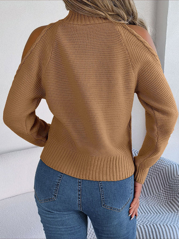 Blue Zone Planet | off-the-shoulder turtleneck hollow-out long-sleeved knitted pullover sweater-TOPS / DRESSES-[Adult]-[Female]-2022 Online Blue Zone Planet