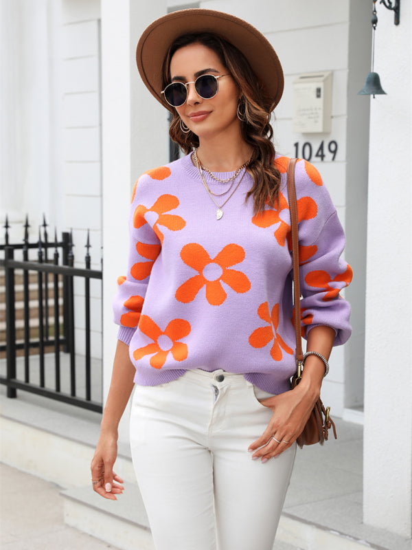 New long sleeve pullover floral pullover sweater-[Adult]-[Female]-2022 Online Blue Zone Planet