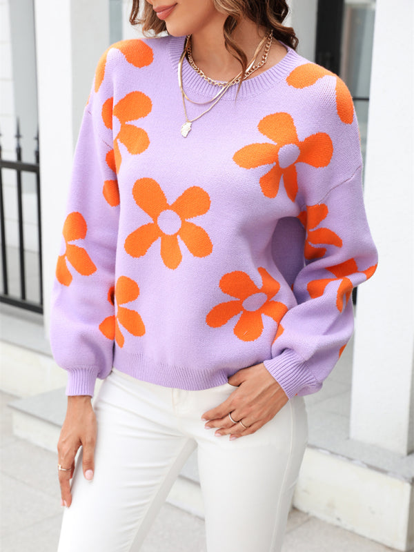 New long sleeve pullover floral pullover sweater-[Adult]-[Female]-Purple-S-2022 Online Blue Zone Planet