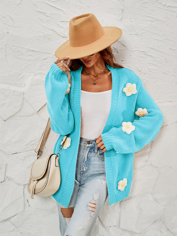 Blue Zone Planet | long-sleeved floral cardigan lantern sleeves knitted sweater jacket BLUE ZONE PLANET