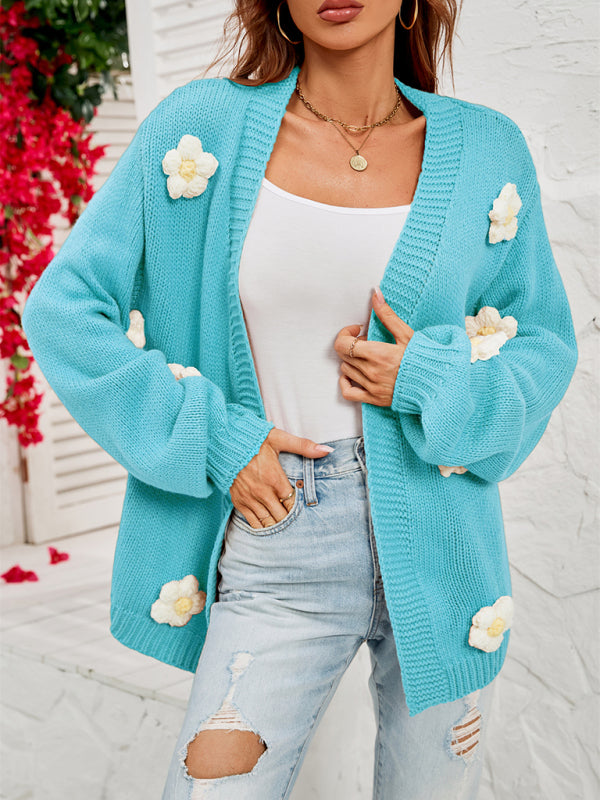 Blue Zone Planet | long-sleeved floral cardigan lantern sleeves knitted sweater jacket BLUE ZONE PLANET