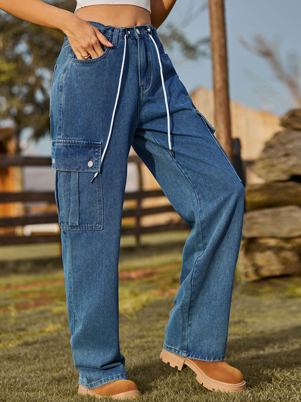 Blue Zone Planet | New style denim drawstring adjustable washable overalls trousers casual trousers-TOPS / DRESSES-[Adult]-[Female]-2022 Online Blue Zone Planet