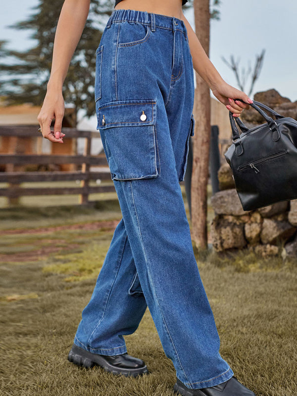 Blue Zone Planet | New style denim washed multi-pocket overalls trousers casual trousers-TOPS / DRESSES-[Adult]-[Female]-2022 Online Blue Zone Planet