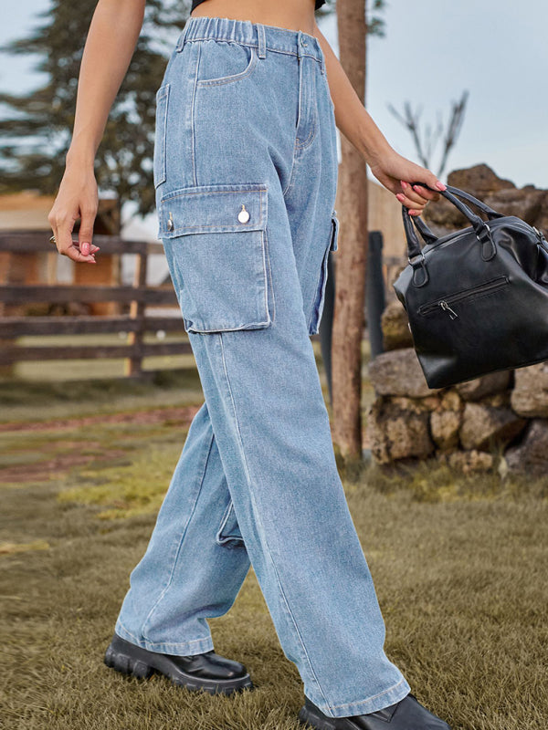 Blue Zone Planet | New style denim washed multi-pocket overalls trousers casual trousers-TOPS / DRESSES-[Adult]-[Female]-2022 Online Blue Zone Planet