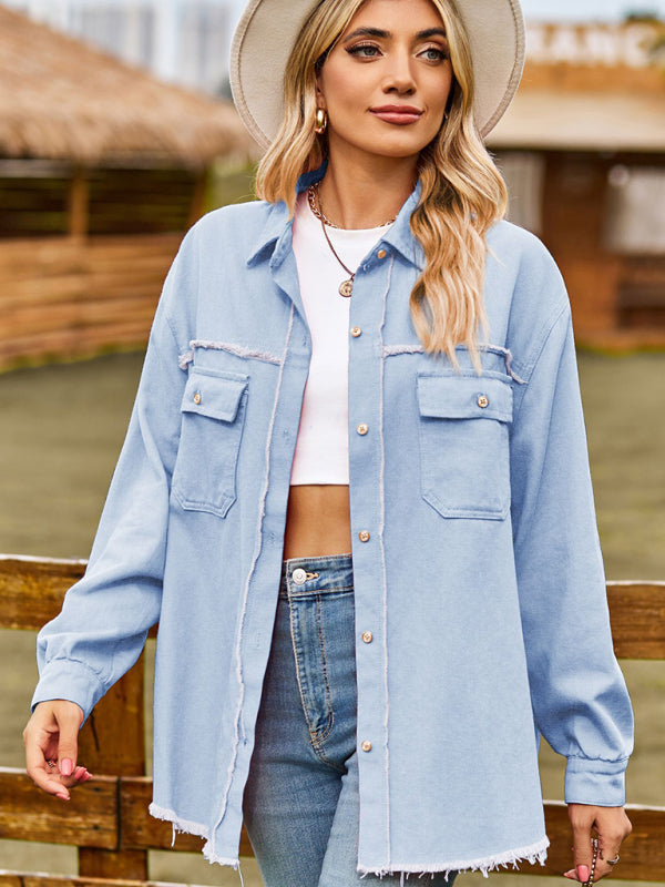 denim raw edge washed tassel top shirt BLUE ZONE PLANET