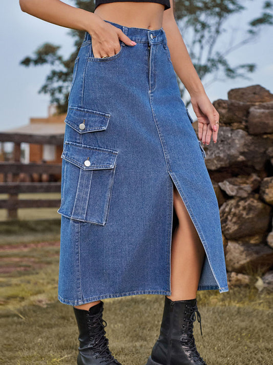 Blue Zone Planet |  American Spice Girl Elastic Waist Denim Workwear Midi Skirt Skirt BLUE ZONE PLANET