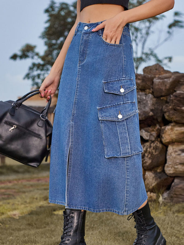 Blue Zone Planet |  American Spice Girl Elastic Waist Denim Workwear Midi Skirt Skirt BLUE ZONE PLANET