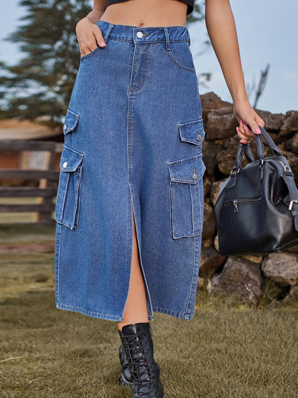 Blue Zone Planet |  American Spice Girl Elastic Waist Denim Workwear Midi Skirt Skirt BLUE ZONE PLANET