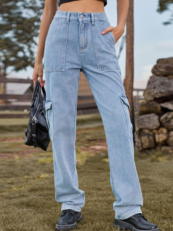 Blue Zone Planet | New Washed Semi Elastic Design Personalized Denim Workwear Casual Pants-TOPS / DRESSES-[Adult]-[Female]-Clear blue-S-2022 Online Blue Zone Planet