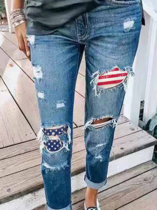 Blue Zone Planet | Ladies Jeans Ripped American Flag Print Trousers BLUE ZONE PLANET