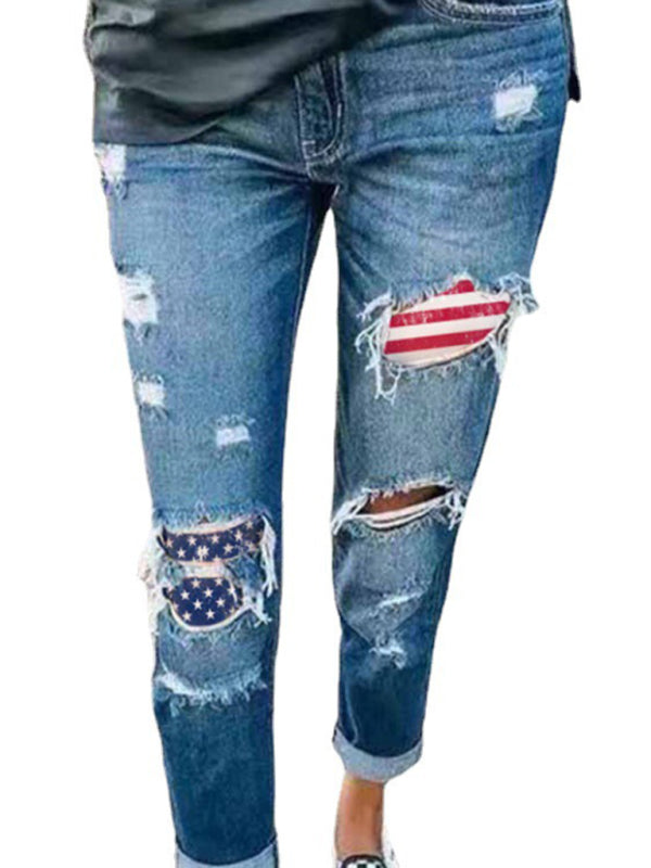 Blue Zone Planet | Ladies Jeans Ripped American Flag Print Trousers BLUE ZONE PLANET