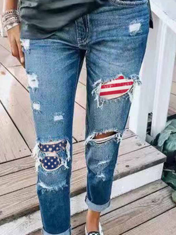 Blue Zone Planet | Ladies Jeans Ripped American Flag Print Trousers BLUE ZONE PLANET