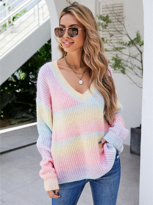 Blue Zone Planet |  Rainbow Stitching Tie-Dye V-Neck Pullover Sweater BLUE ZONE PLANET