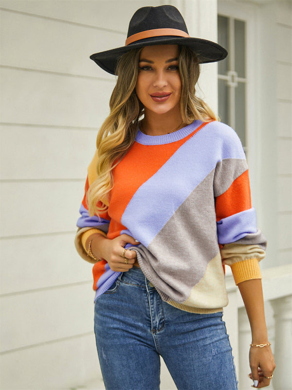 Women's striped stitching fashion crewneck sweater-[Adult]-[Female]-2022 Online Blue Zone Planet