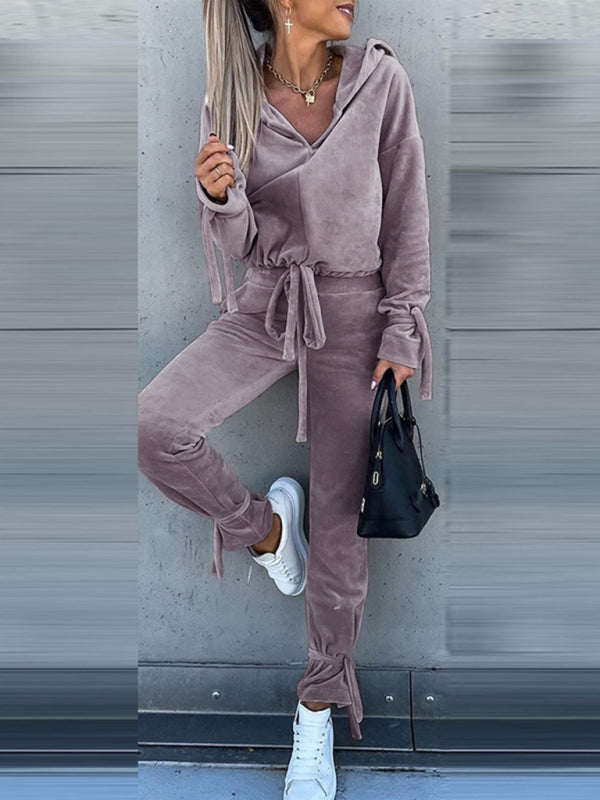 long-sleeved solid color hooded sweater harem pants suit two-piece set BLUE ZONE PLANET