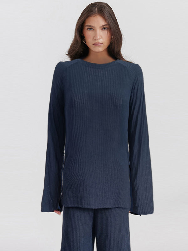 Blue Zone Planet |  Solid Color Knit Long Sleeve Two Piece Sweater Set for Women BLUE ZONE PLANET