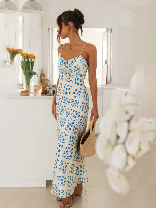 Blue Zone Planet |  spring and summer slim-fit spaghetti strap V-neck printed backless long dress BLUE ZONE PLANET