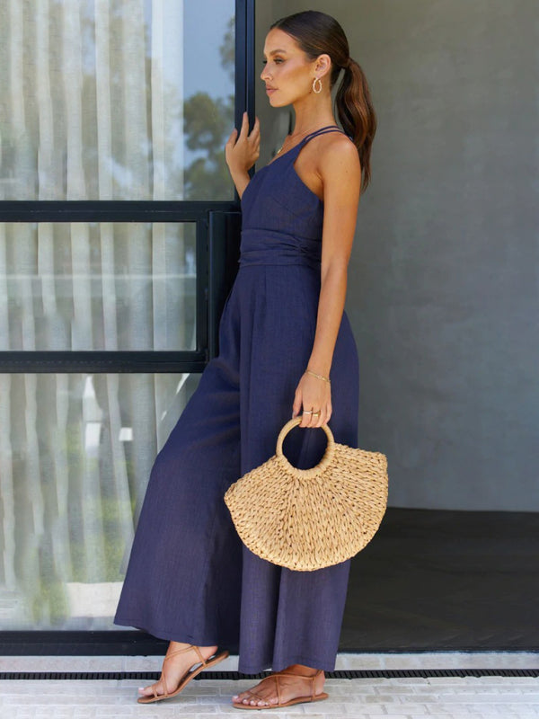 Blue Zone Planet | New casual, comfortable and refreshing sleeveless waistless backless loose wide-leg jumpsuit-[Adult]-[Female]-2022 Online Blue Zone Planet