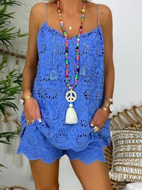 Blue Zone Planet |  sleeveless drawstring ruffled hollow camisole embroidered shorts suit BLUE ZONE PLANET