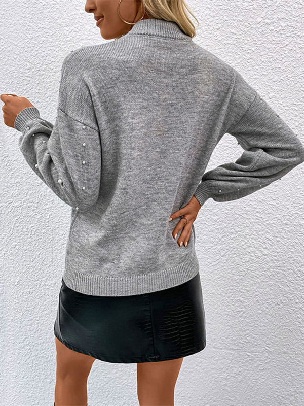 Blue Zone Planet |  Long sleeve solid color beaded loose pullover sweater BLUE ZONE PLANET