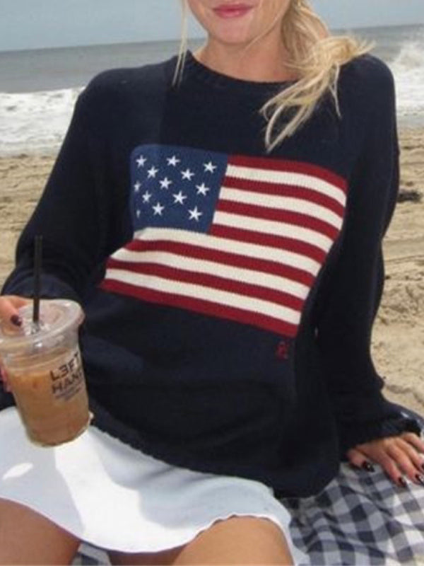 Loose American Flag Knit Long Sleeve Sweater-[Adult]-[Female]-Blue-M-2022 Online Blue Zone Planet