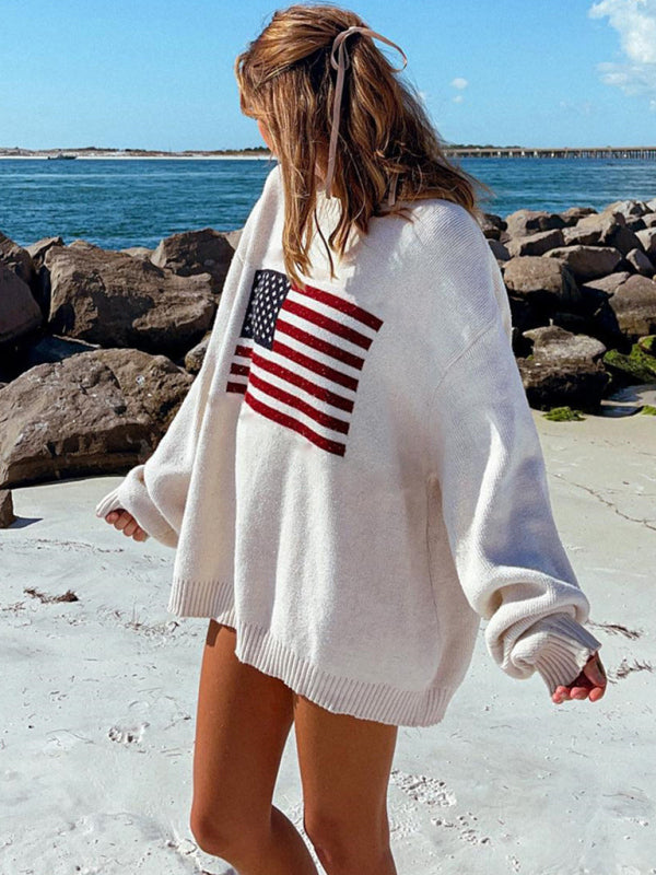 Loose American Flag Knit Long Sleeve Sweater-[Adult]-[Female]-2022 Online Blue Zone Planet