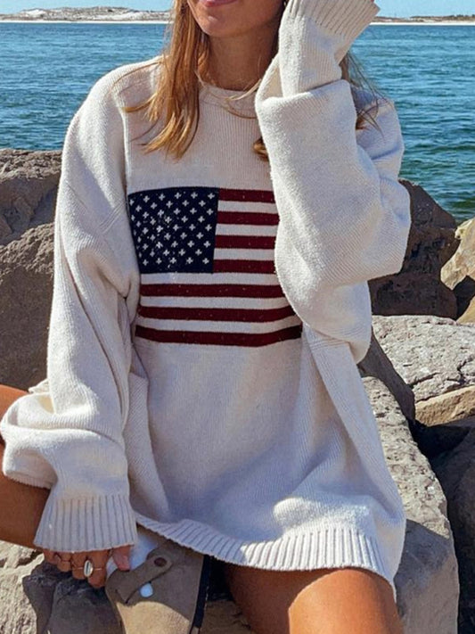 Loose American Flag Knit Long Sleeve Sweater-[Adult]-[Female]-White-M-2022 Online Blue Zone Planet