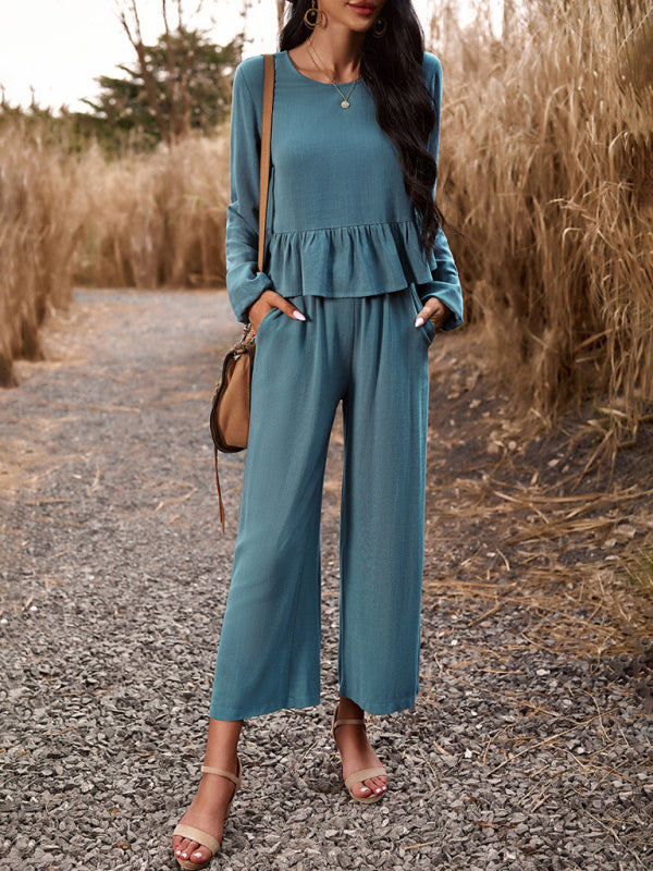 Temperament suit solid color long-sleeved top loose trousers BLUE ZONE PLANET