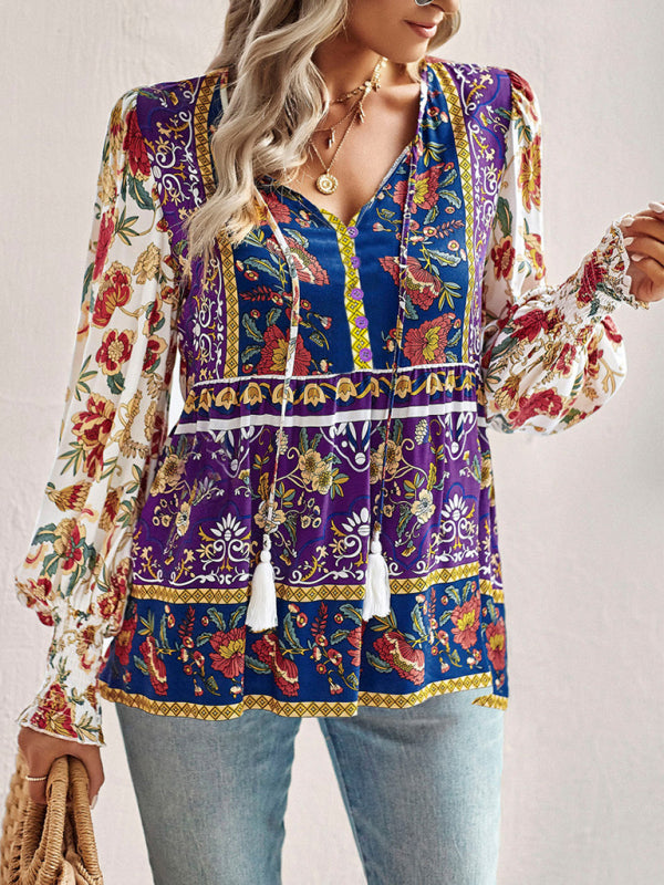 Bohemian casual style cotton printed long-sleeved shirt for women kakaclo